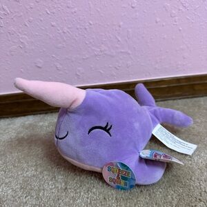 Fuzzy Friends Squeeze & Squish Unicorn Whale NARWHAL Plush Purple and Pink 8"